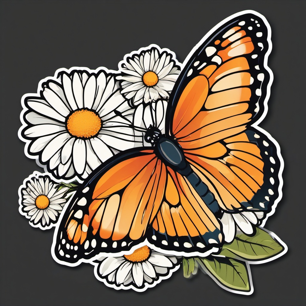 Butterfly and Daisies Sticker - Butterfly resting on daisies, ,vector color sticker art,minimal