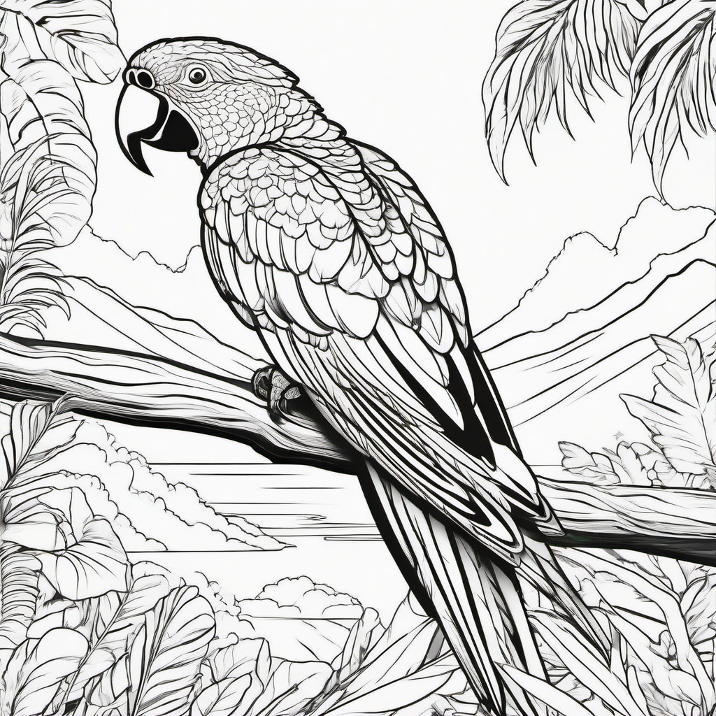 Summer Coloring Pages - Colorful parrot perched on a branch in a rainforest  simple coloring pages