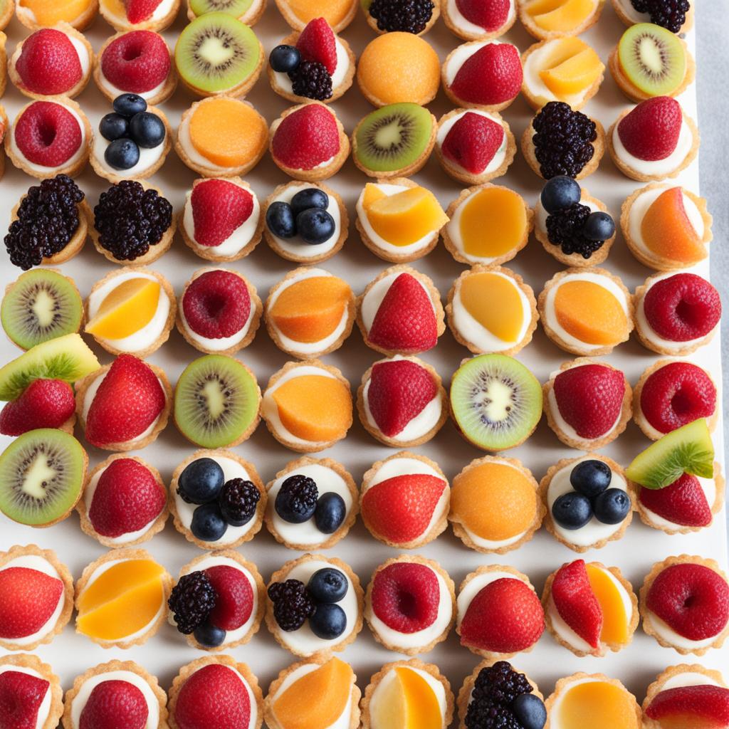 tower of mini fruit tarts, each with a buttery crust and a medley of seasonal fruits. 