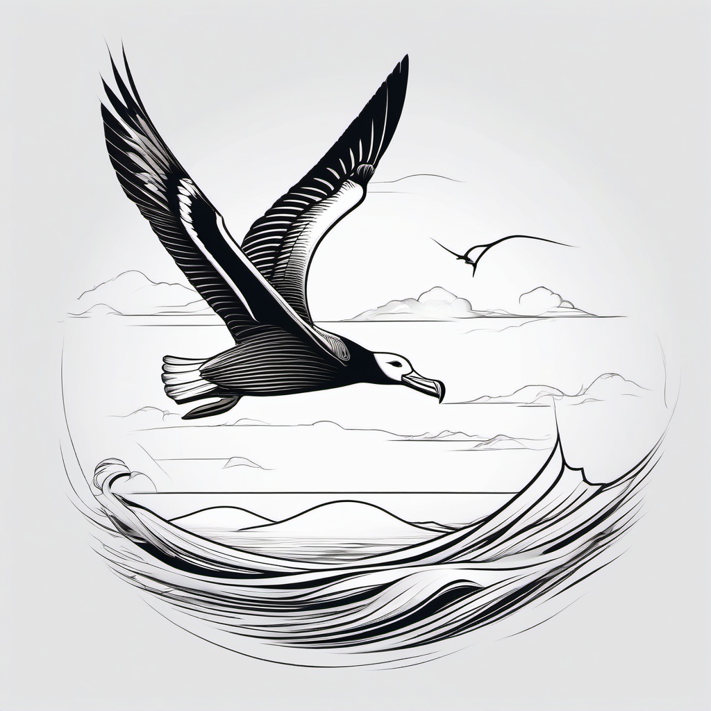 Albatross Tattoo - Albatross gliding on ocean winds for miles  few color tattoo design, simple line art, design clean white background