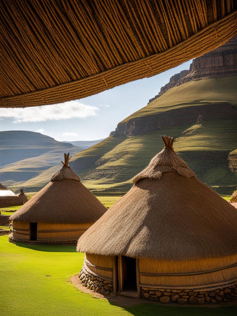 south african rondavels, with thatched roofs, blend into the landscapes of lesotho. 