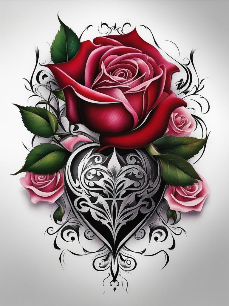 Rose on chest tattoo, Elegant and striking rose tattoos designed for the chest.  vivid colors, white background, tattoo design