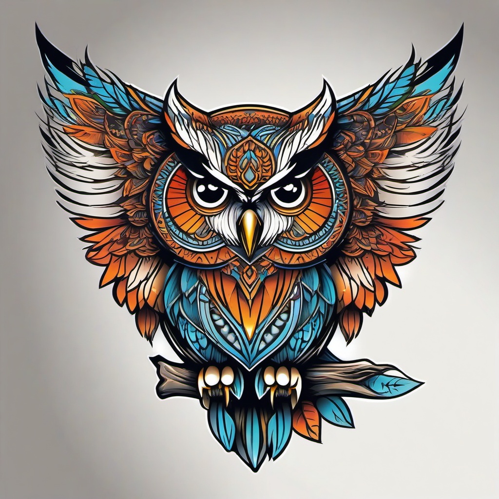 Owl Tattoo Art - Showcase the artistry of owls through a carefully crafted owl tattoo.  simple color tattoo,vector style,white background