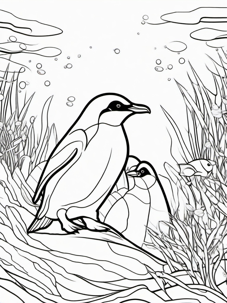 Penguin Coloring Pages - Penguin exploring an underwater scene  simple coloring pages