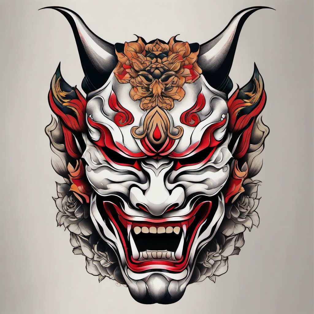 hannya mask tattoo design colored  simple color tattoo,white background,minimal