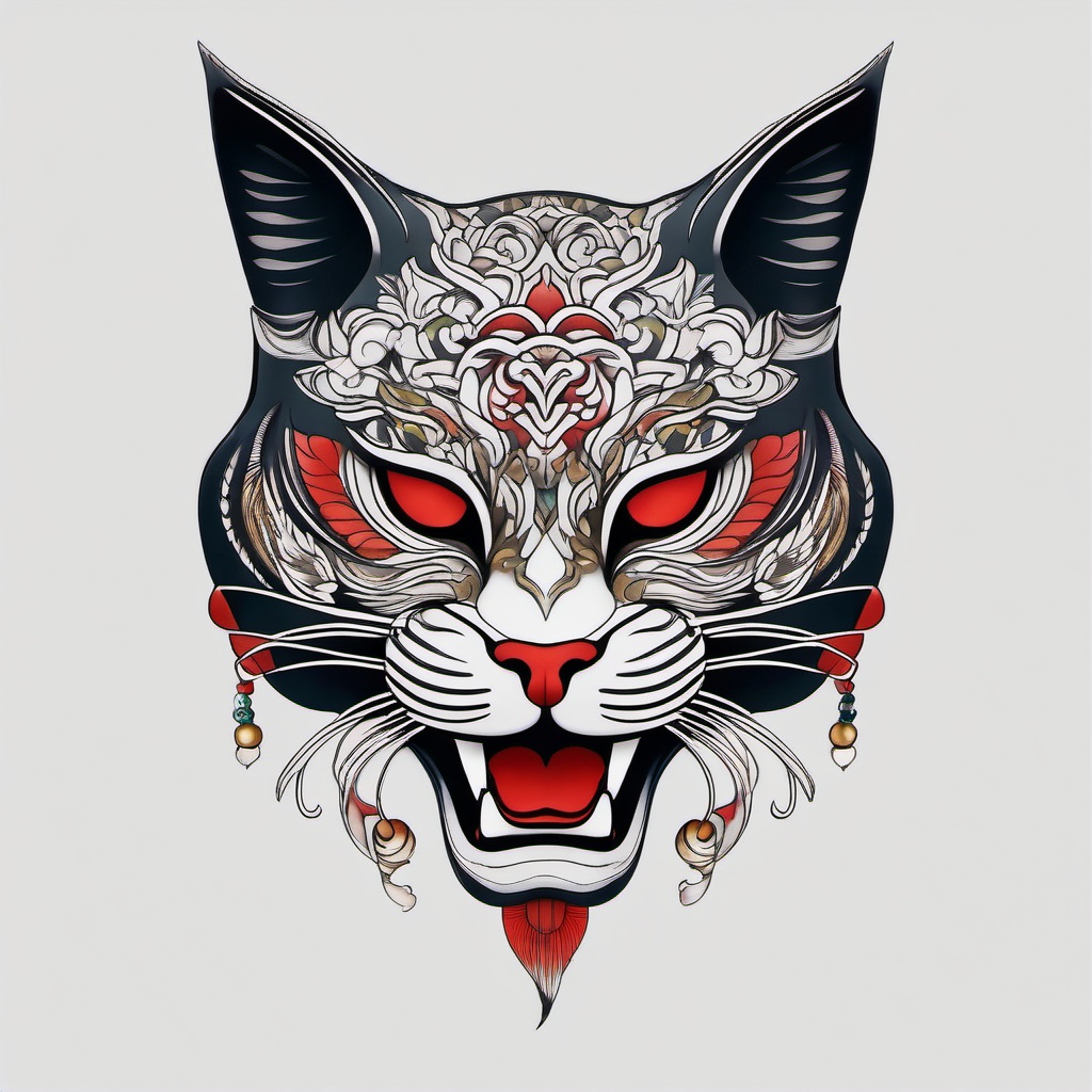 japanese cat mask tattoo  simple color tattoo,white background,minimal