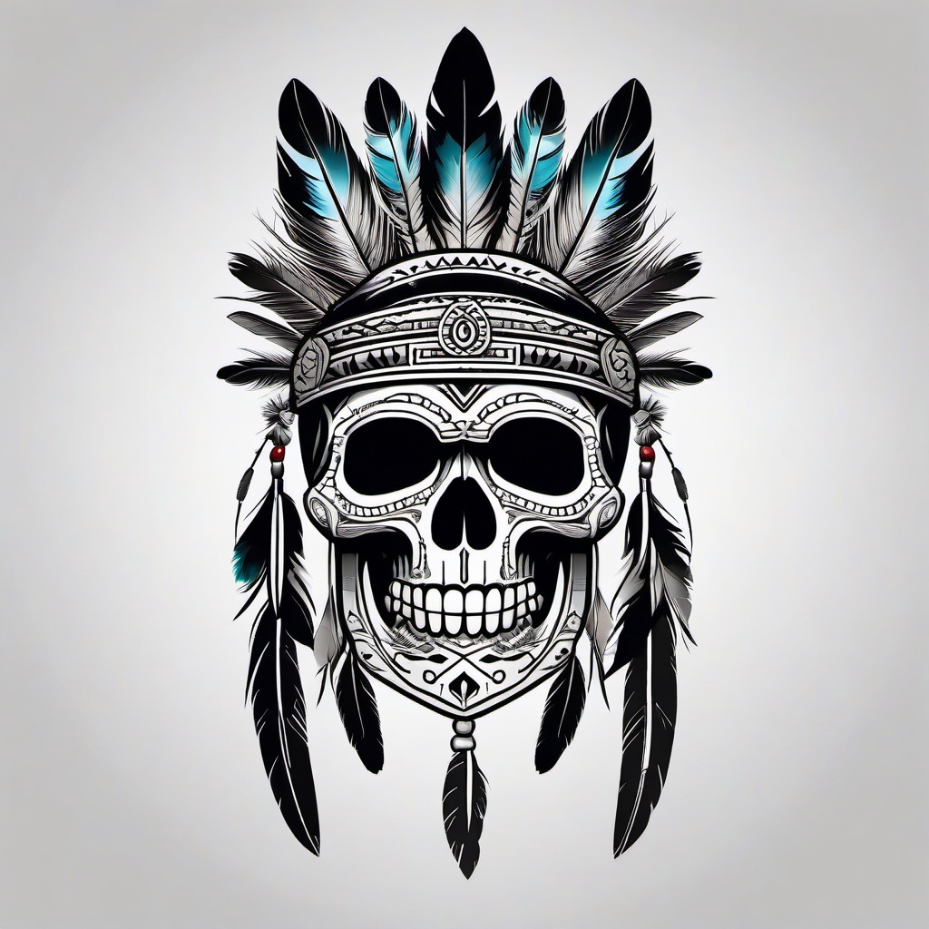 Aztec Skull With Feathers Tattoo  minimal,color tattoo,white background