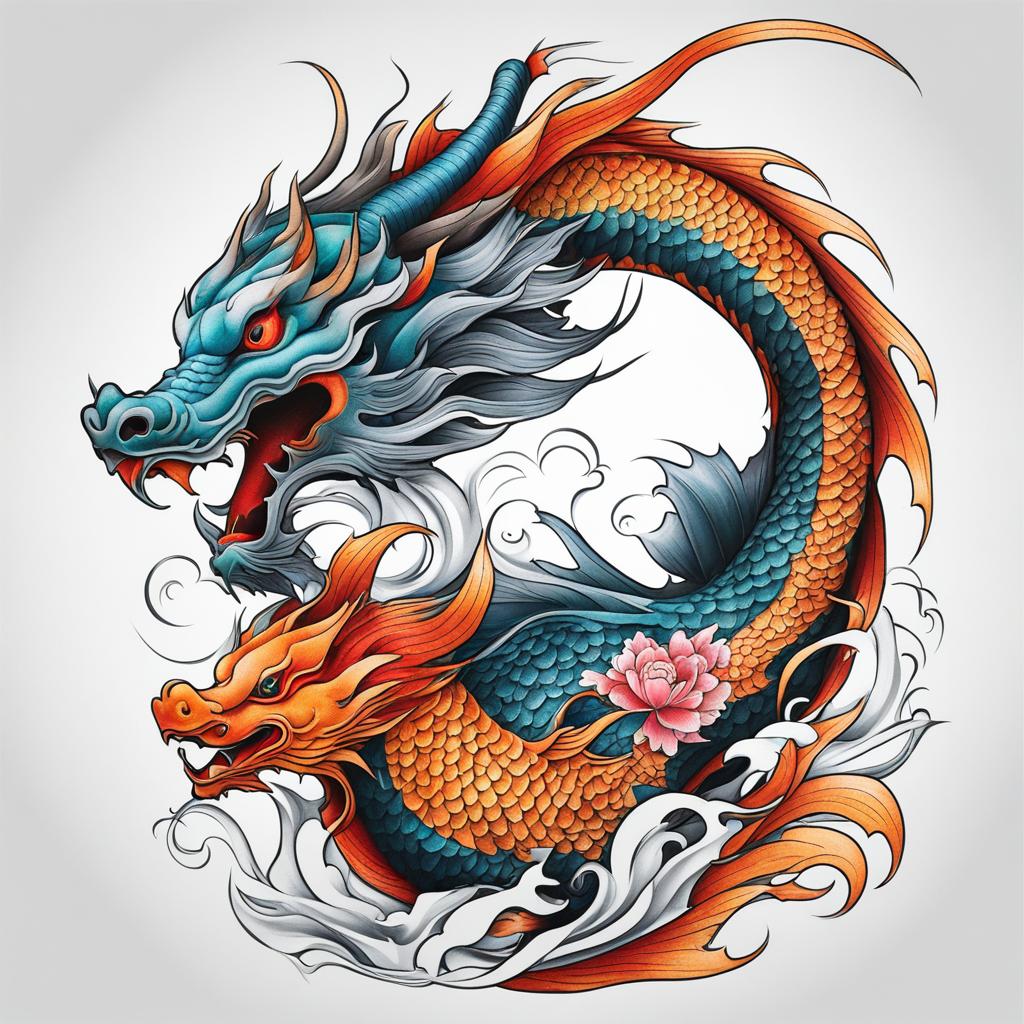 Dragon and koi fish tattoo, Creative tattoos that blend the power of dragons with the beauty of koi fish.  color, tattoo style pattern, clean white background