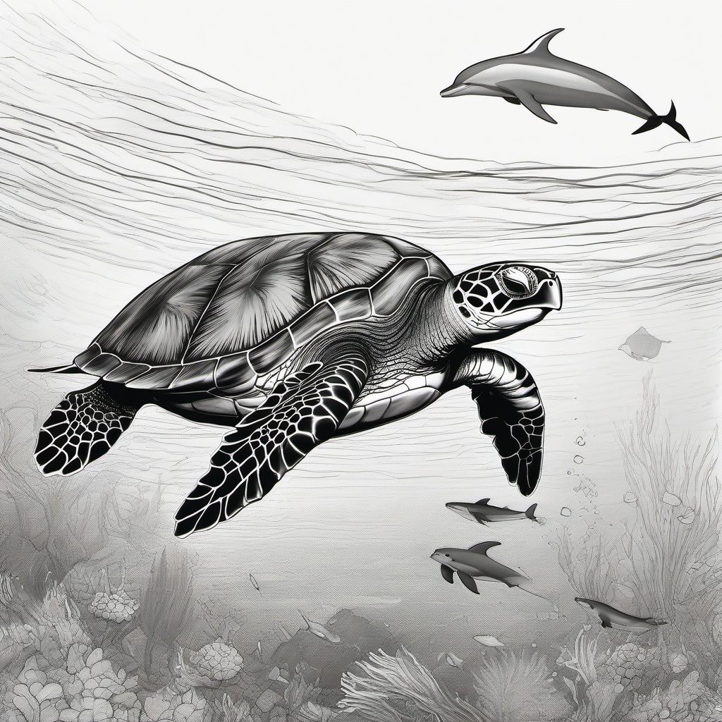 drawing of a sea turtle swimming with dolphins  minimal rough sketch scribbles,doodles,black and white