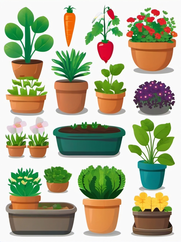 Gardening clipart - Planting flowers and vegetables, ,vector color clipart,minimal