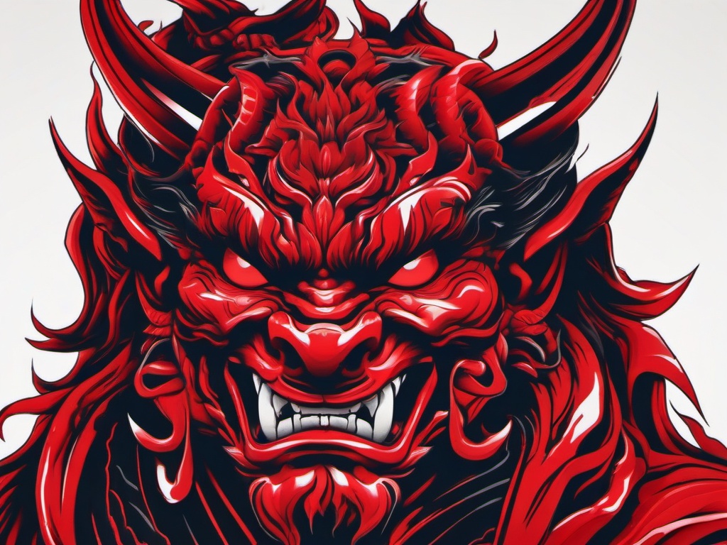 Red Oni Tattoo - Striking and bold Oni tattoo featuring a vibrant red color.  simple color tattoo,white background,minimal