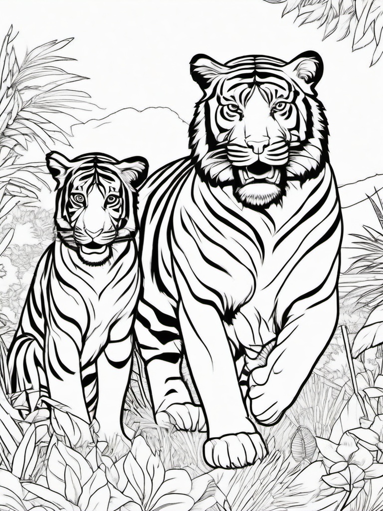 Tiger Coloring Pages - Tiger and monkey playing together  simple coloring pages