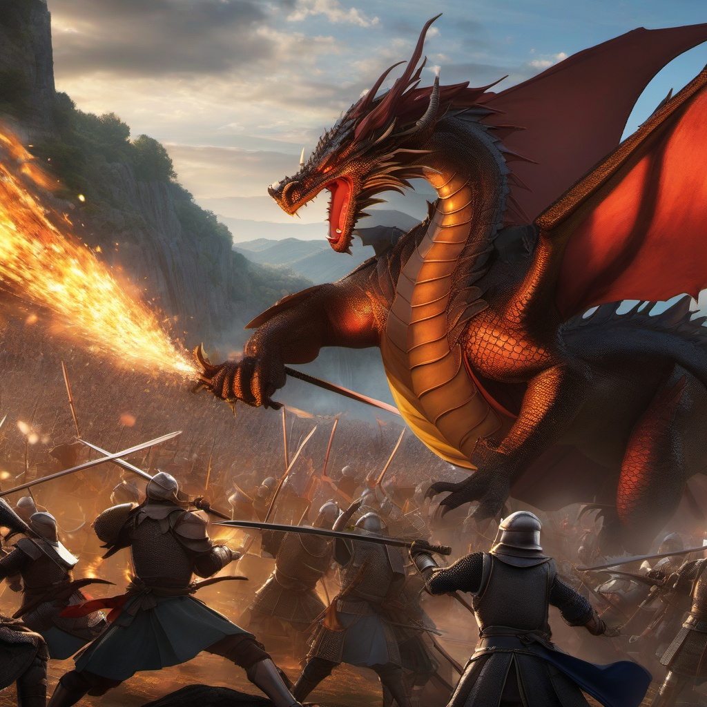 Medieval dragon battle scene. anime, wallpaper, background, anime key visual, japanese manga