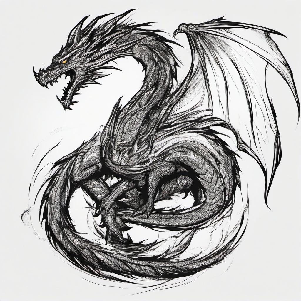 drawing of a fire dragon  minimal rough sketch scribbles,doodles,black and white