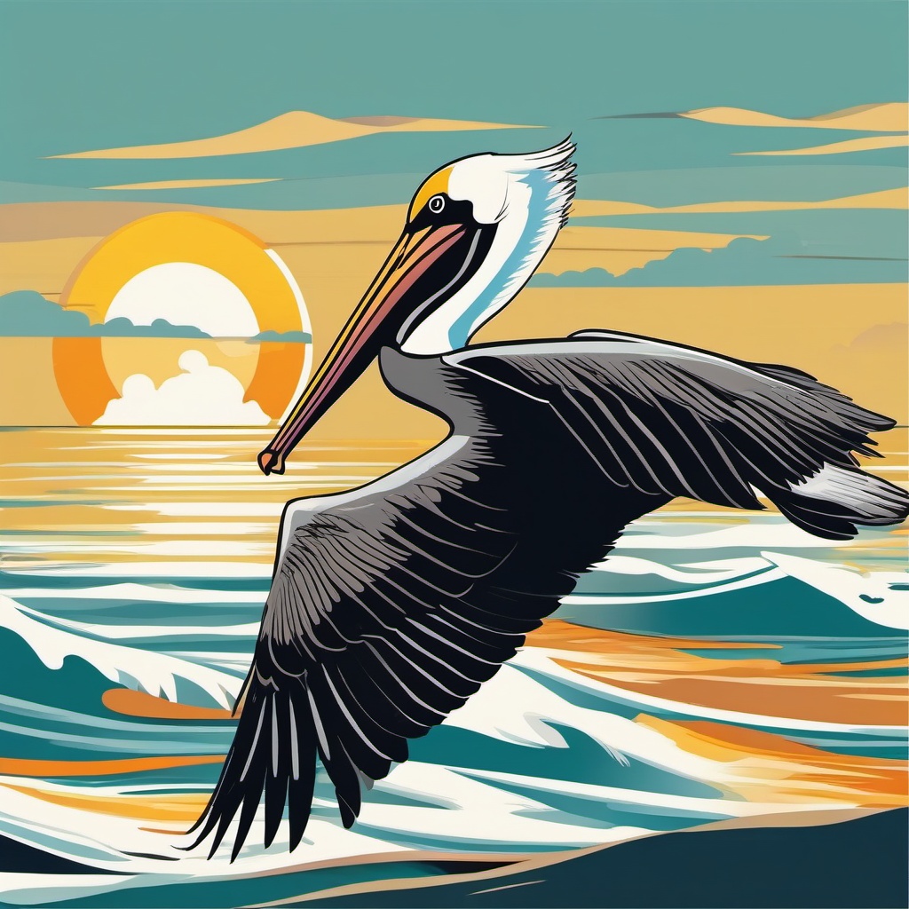 Pelican clipart - Large water bird gliding over the ocean, ,color clipart vector style