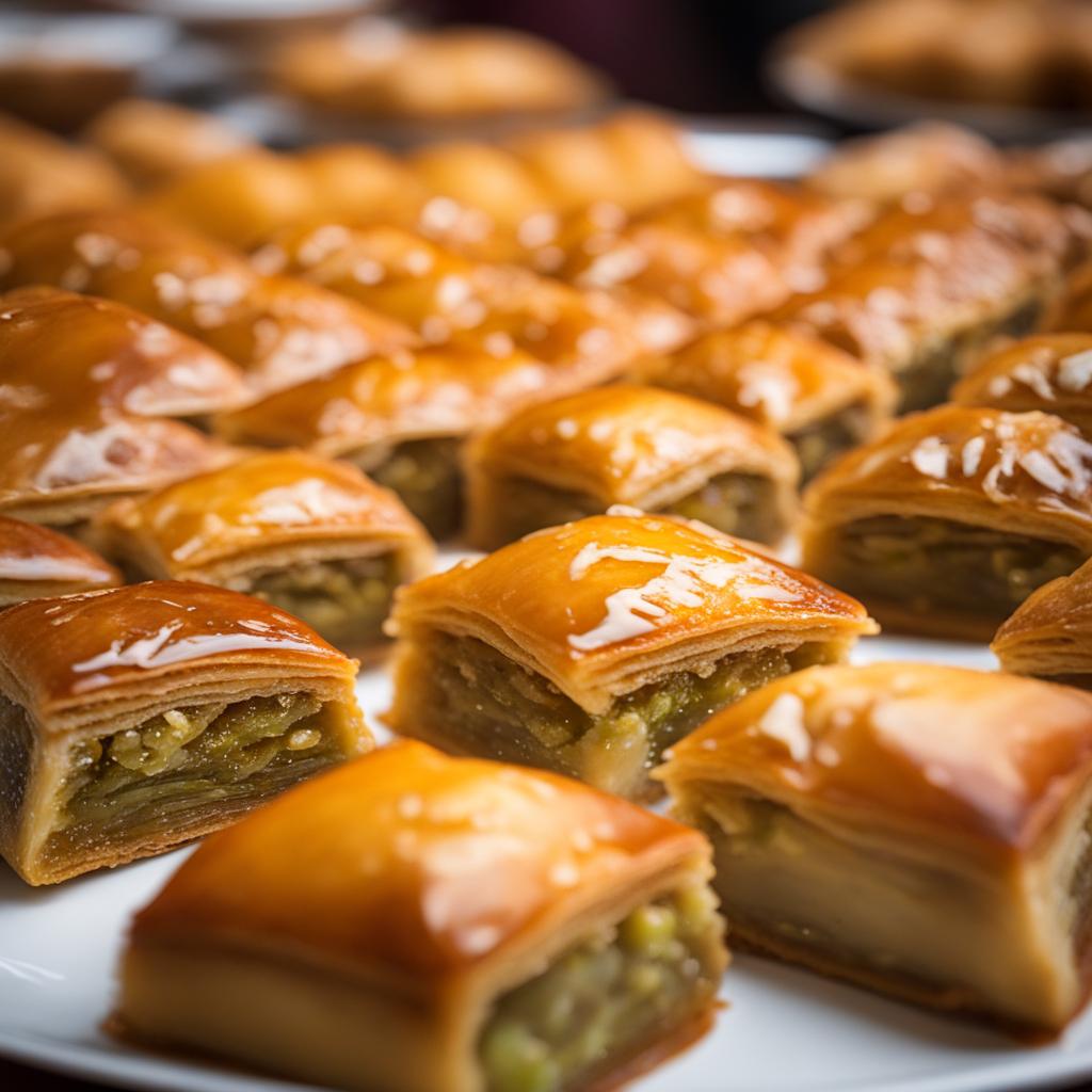 baklava, a sweet and flaky pastry, enjoyed at a bustling bazaar in istanbul. 