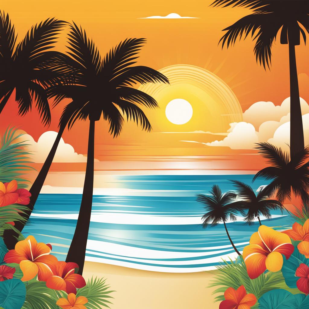 summer clip art - vibrant summer scene with sun, beach, and palm trees 