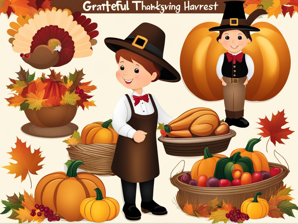 thanksgiving clip art: grateful thanksgiving with a bountiful harvest. 