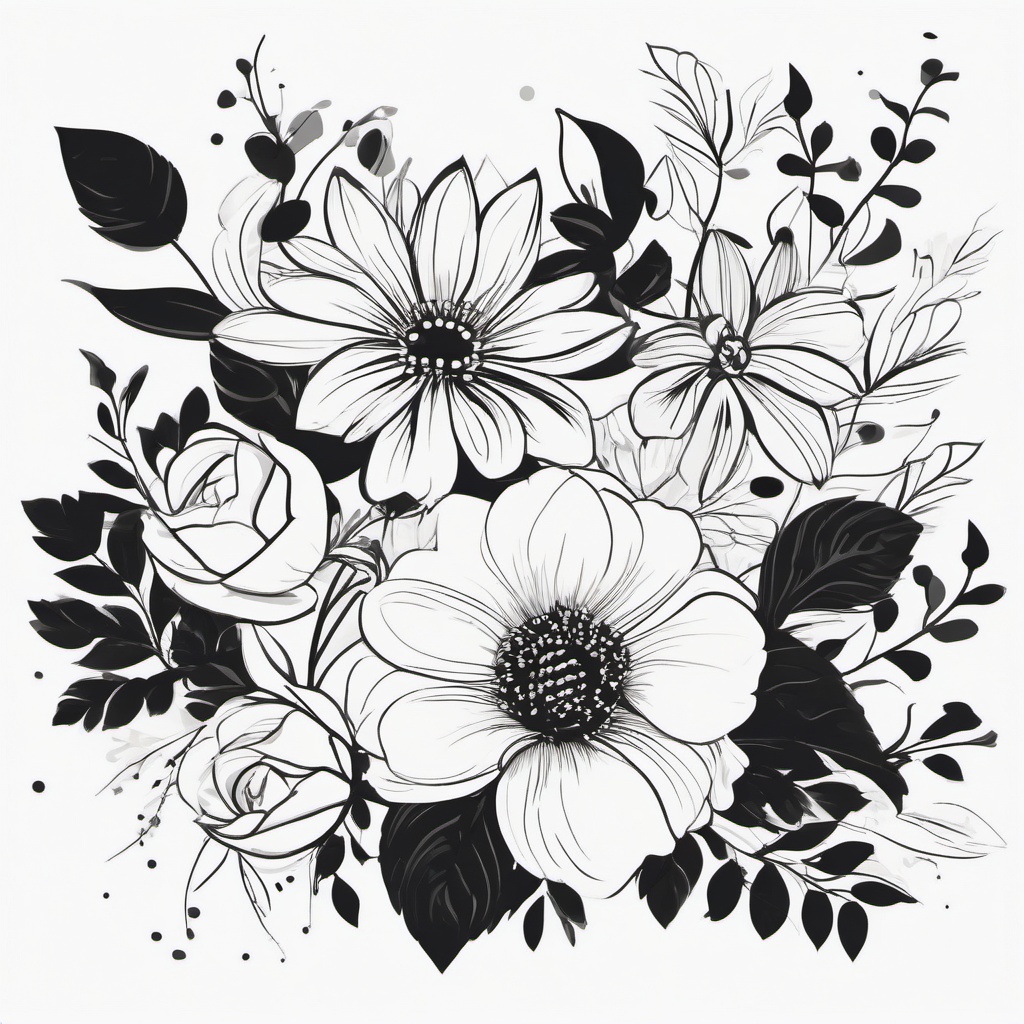 Black White Clipart Flowers,Designing a classic black and white flower arrangement  simple, 2d flat