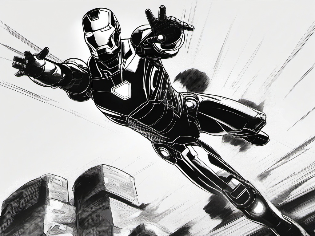 drawing of Iron Man landing  minimal rough sketch scribbles,doodles,black and white