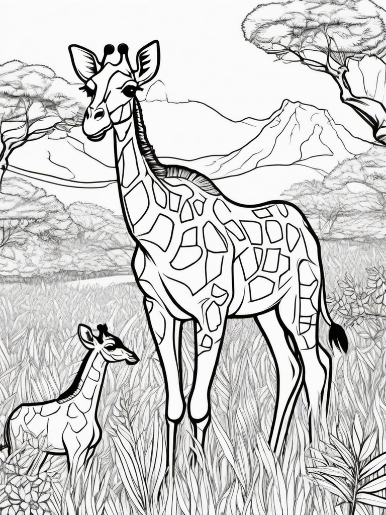 Giraffe Coloring Pages - Giraffe having a picnic with other animals  simple coloring pages