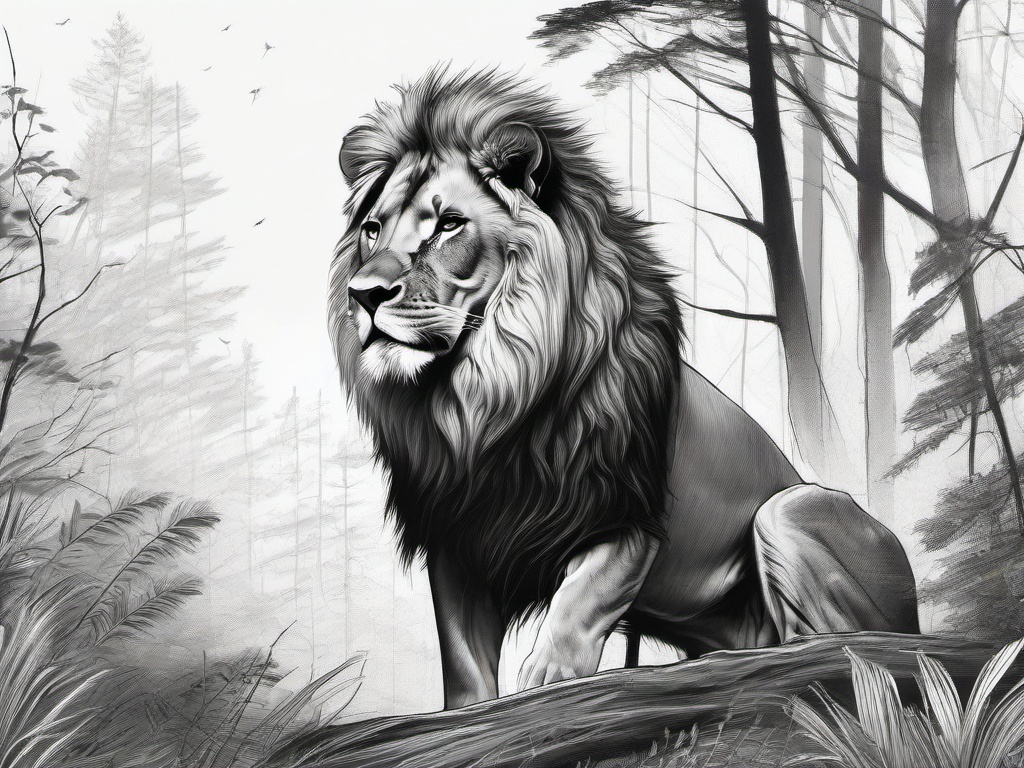 drawing of a lion in mystical forest  minimal rough sketch scribbles,doodles,black and white