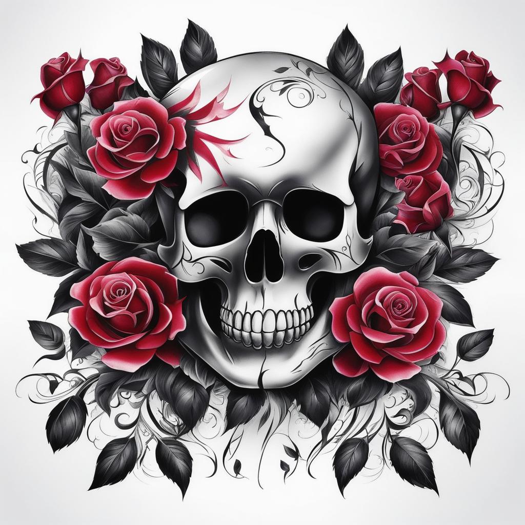 Tattoo rose and skull, Tattoos featuring roses alongside skull imagery. , color tattoo design, clean white background