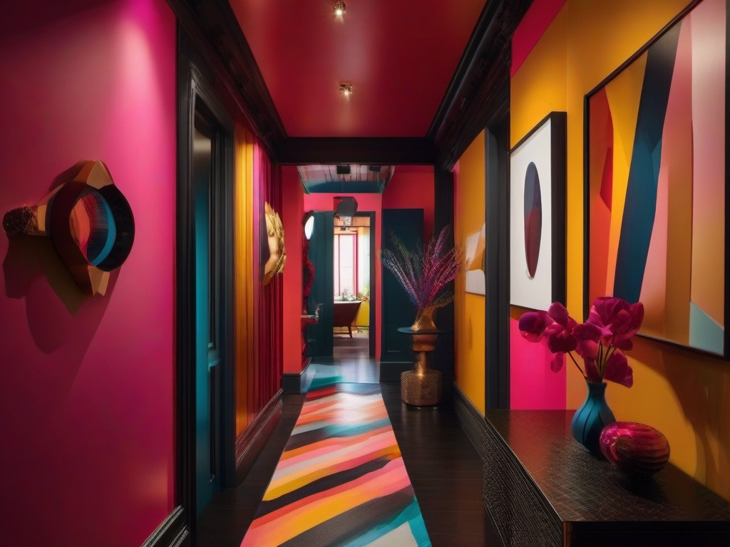 The hallway showcases surrealist interior design through unexpected decor, vibrant colors, and imaginative art that create a visually stimulating passage.  