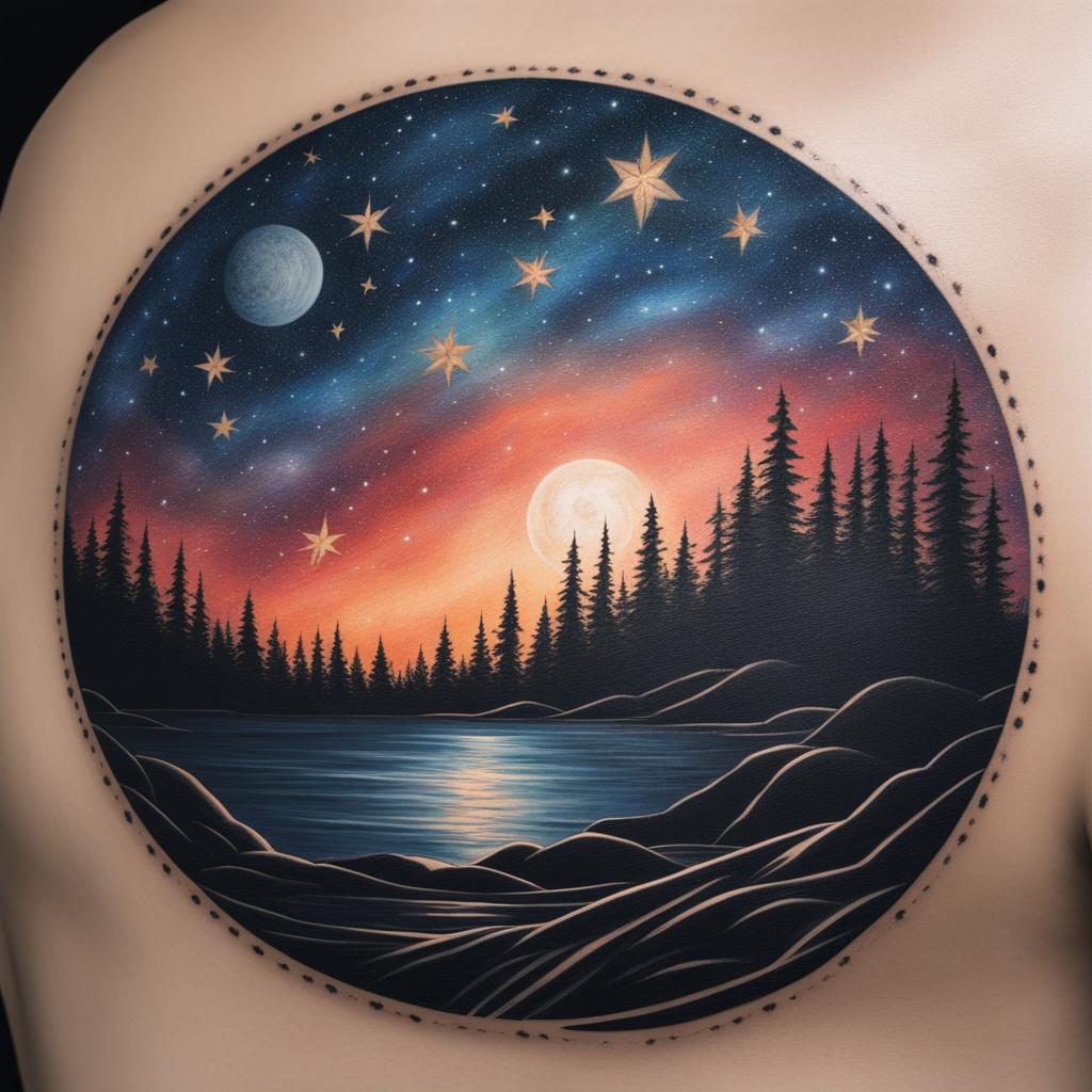 starry night sky - create a tattoo inspired by a serene night sky filled with stars and celestial bodies. 