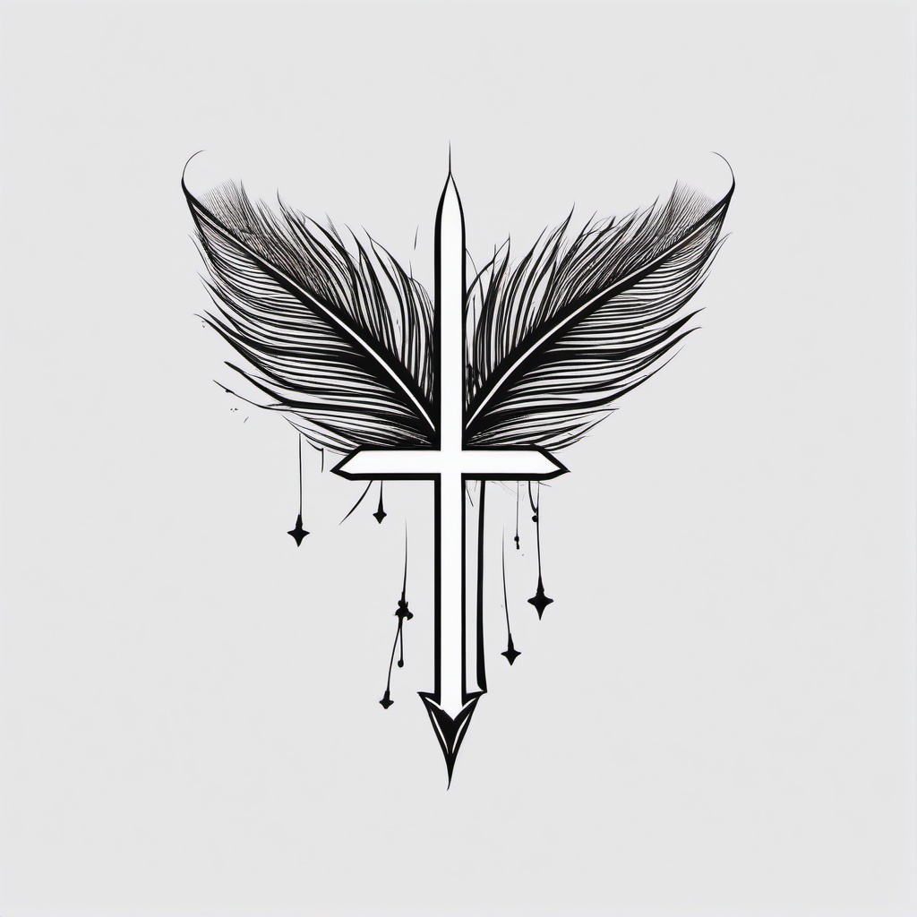 Cross with Feather Tattoo - Combination of a cross and feather.  simple vector tattoo,minimalist,white background