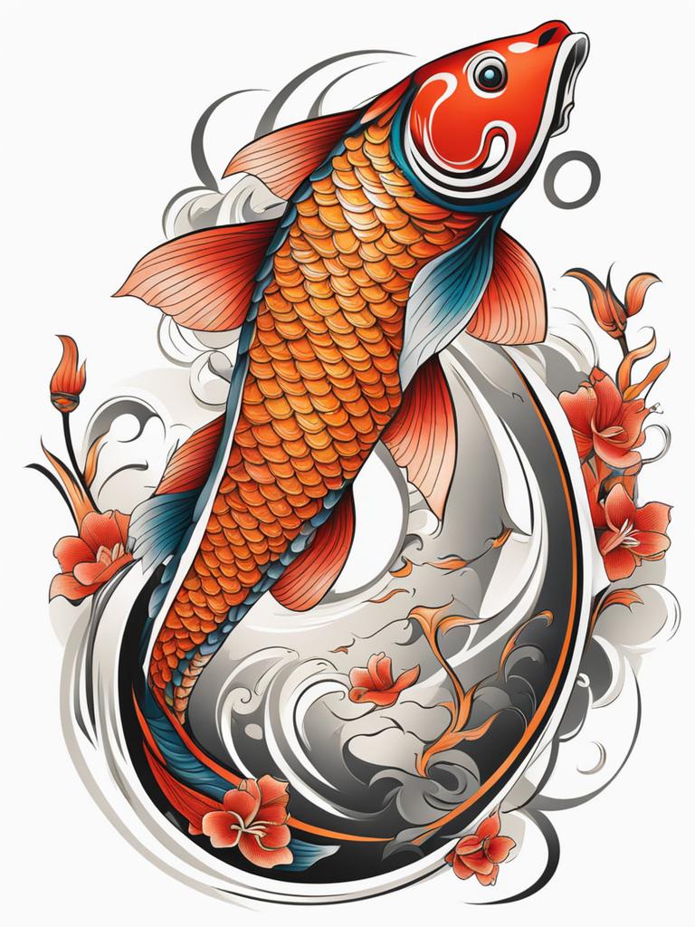 Dragon koi fish tattoo, Tattoos combining the beauty of koi fish with dragon imagery.  color, tattoo style pattern, clean white background