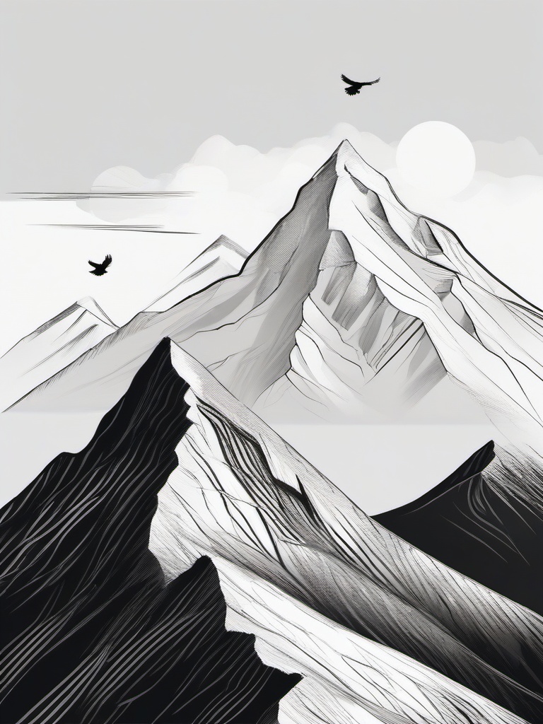 drawing of a mountain with eagles  minimal rough sketch scribbles,doodles,black and white