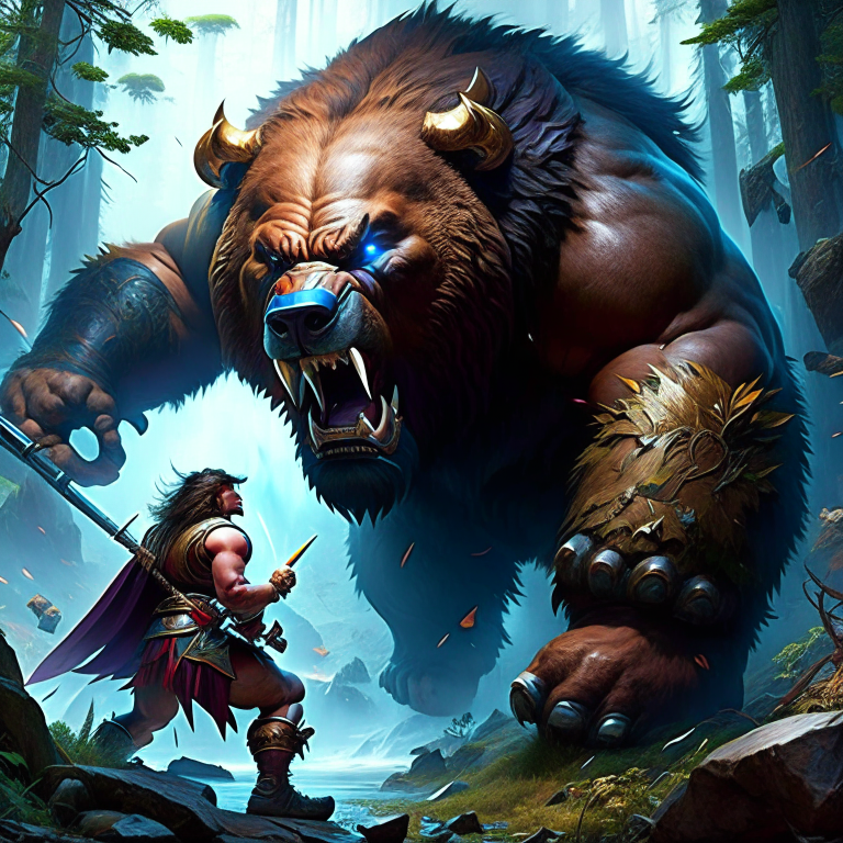 goliath druid, thraak thunderhoof, transforming into a colossal bear to confront a rampaging earth elemental. 