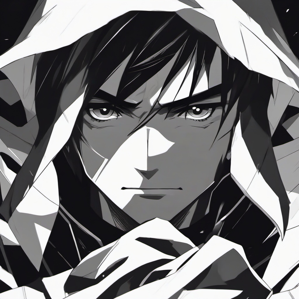 a cold guy with menacing eyes staring at the camera in black and white colours.  front facing ,centered portrait shot, cute anime color style, pfp, full face visible