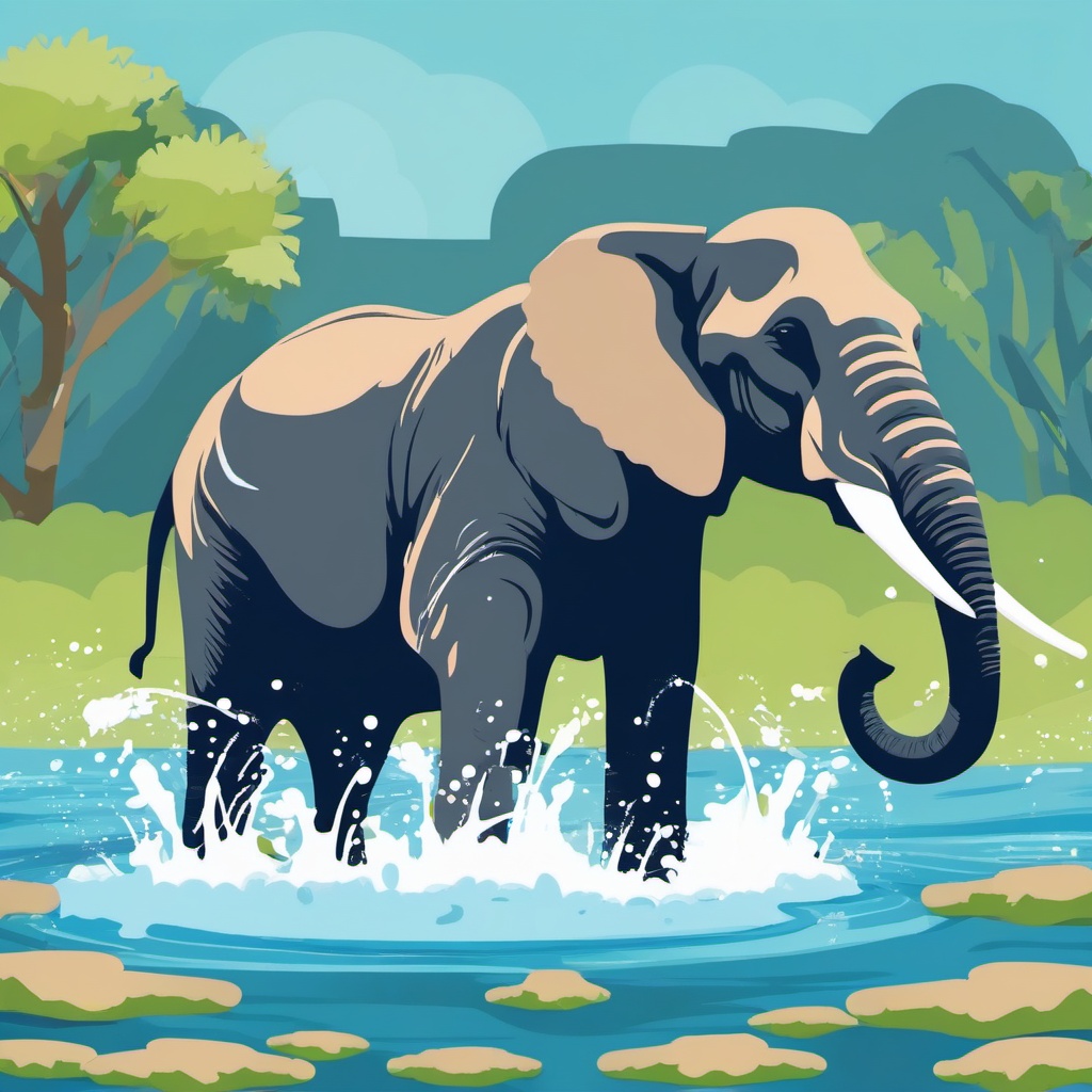 Elephant Clipart - Elephant splashing in a river to cool off , minimal, 2d