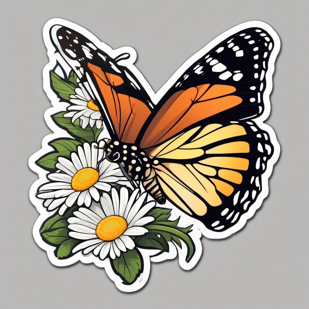 Butterfly and Daisies Sticker - Butterfly resting on daisies, ,vector color sticker art,minimal