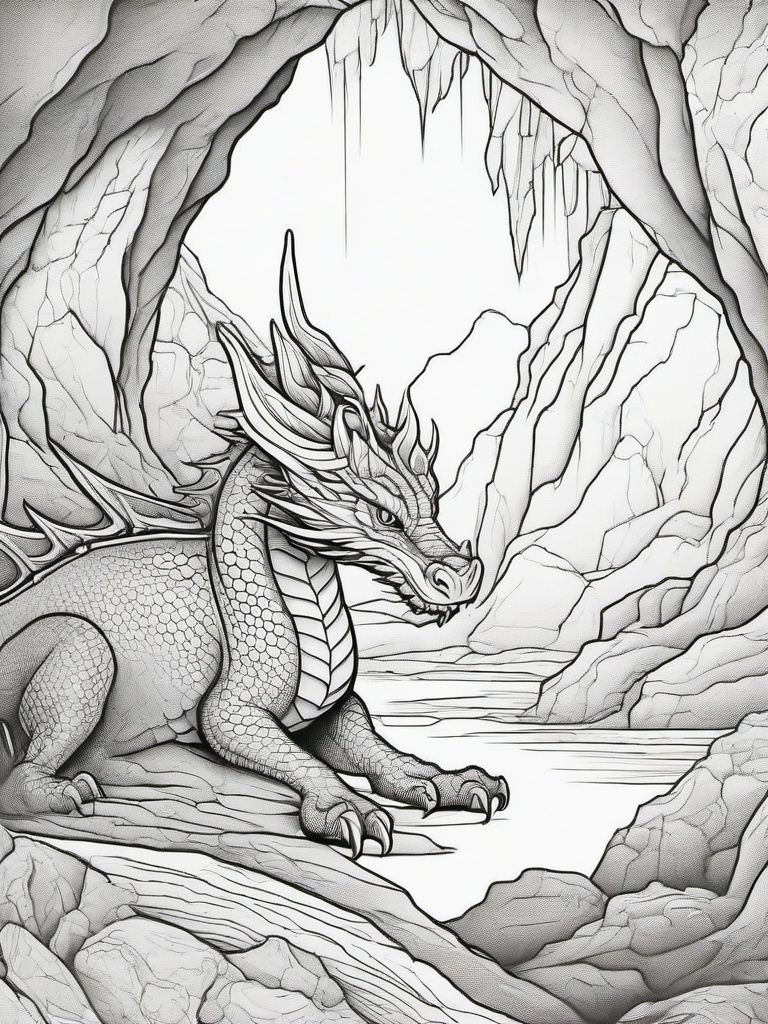 Ancient Dragon Coloring Pages - Old and Wise Dragon in a Cave  minimal black outline printable sheet, coloring page