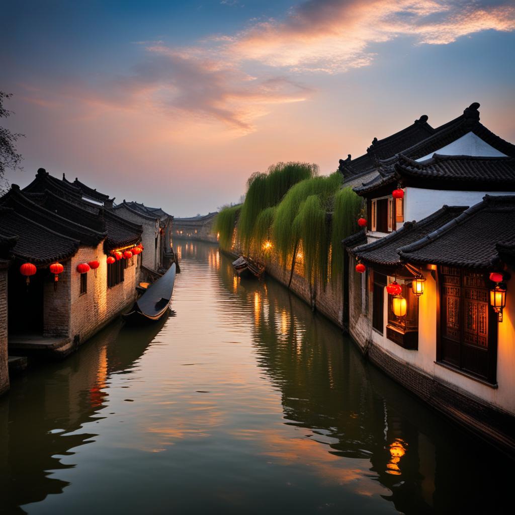 zhouzhuang water town - create a night scene of zhouzhuang, the venice of the east, with its picturesque canals, ancient bridges, and traditional houses glowing with lantern light. 