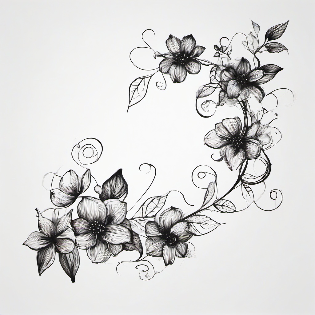 drawing of a vine with flowers  minimal rough sketch scribbles,doodles,black and white