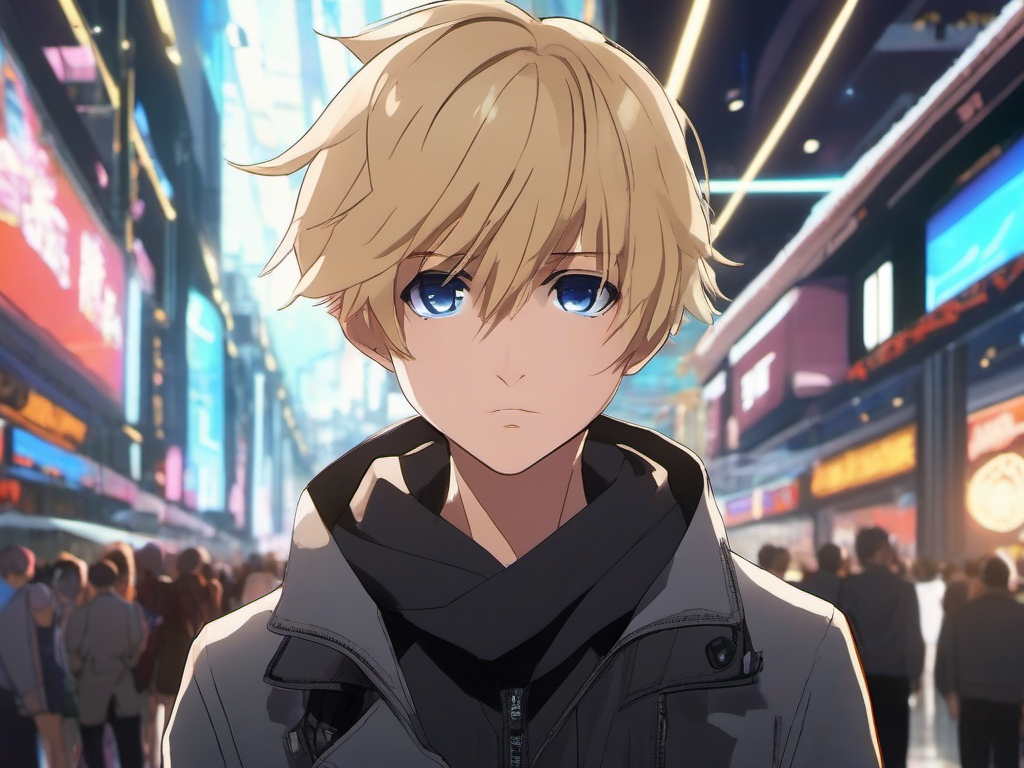 Front facing face, boy with blonde hair, big eyes in a bustling futuristic marketplace.  close shot of face, face front facing, profile picture pfp, anime style