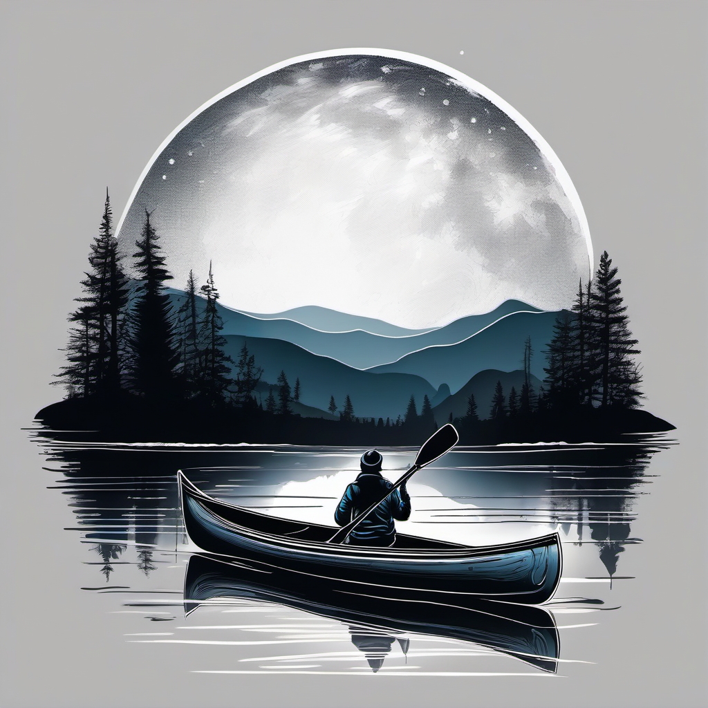 Canoe on a moonlit lake ink. Nocturnal adventure in art.  color tattoo, white background