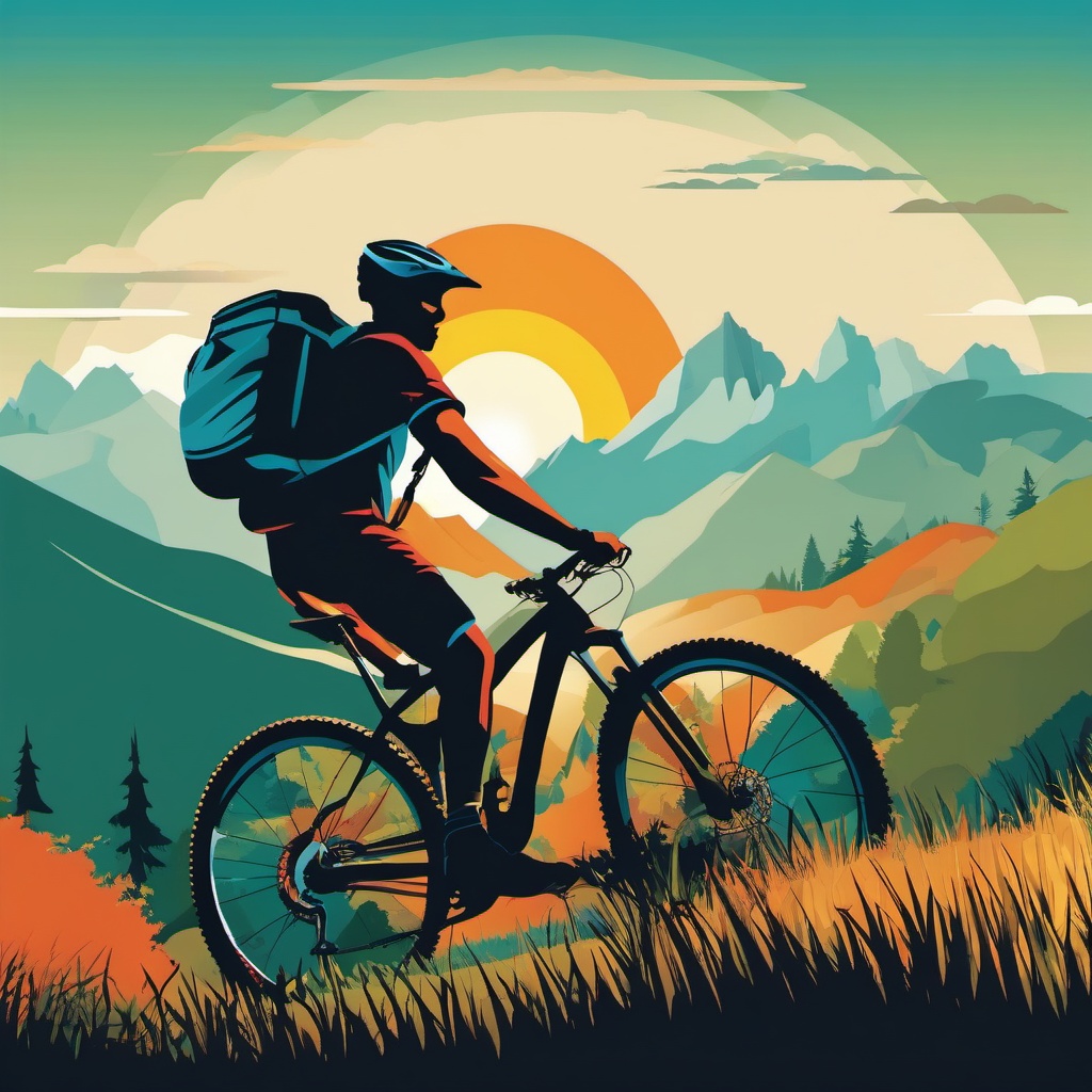 Mountain Biking Cross-Country Trail Clipart - A mountain biker on a cross-country trail.  color vector clipart, minimal style