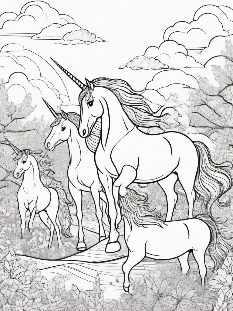 Unicorn Dreams Coloring Pages - Fantasy Scene of Unicorns in Clouds  minimal black outline printable sheet, coloring page