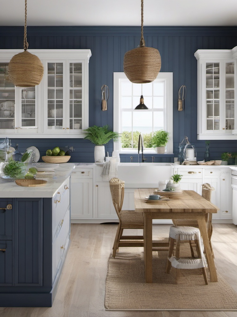 Nautical Coastal Kitchen - Bring the beachfront feel with nautical and coastal decor. , kitchen layout design ideas, multicoloured, photo realistic, hyper detail, high resolution,