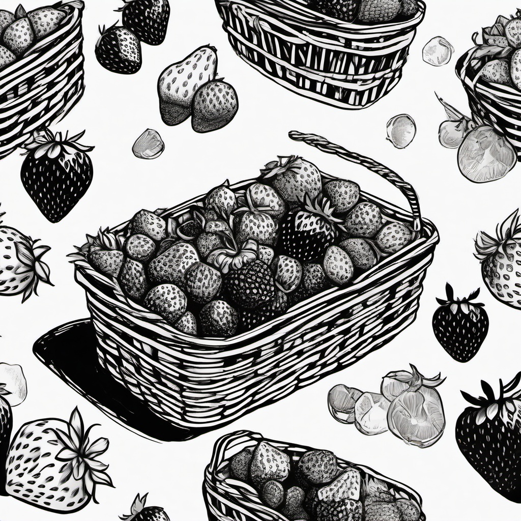 drawing of a strawberry basket  minimal rough sketch scribbles,doodles,black and white