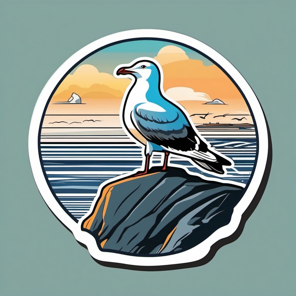 Seagull Sticker - A seagull perched on a seaside rock, ,vector color sticker art,minimal