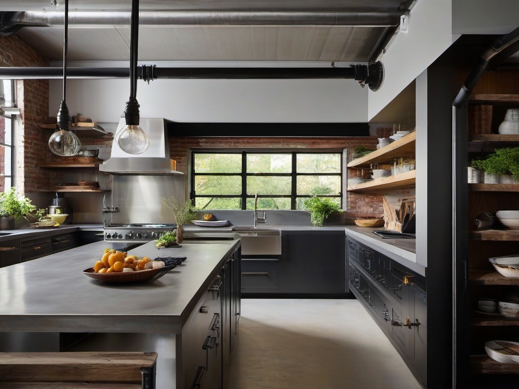 Urban industrial kitchen with exposed pipes and concrete countertops.  