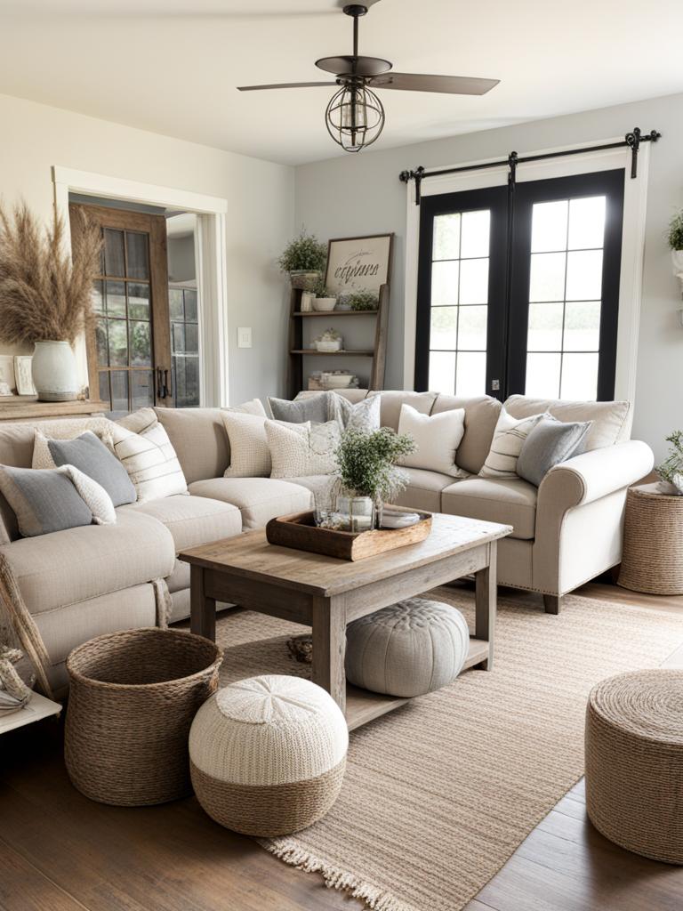 farmhouse living room with distressed wood accents and cozy textiles. 