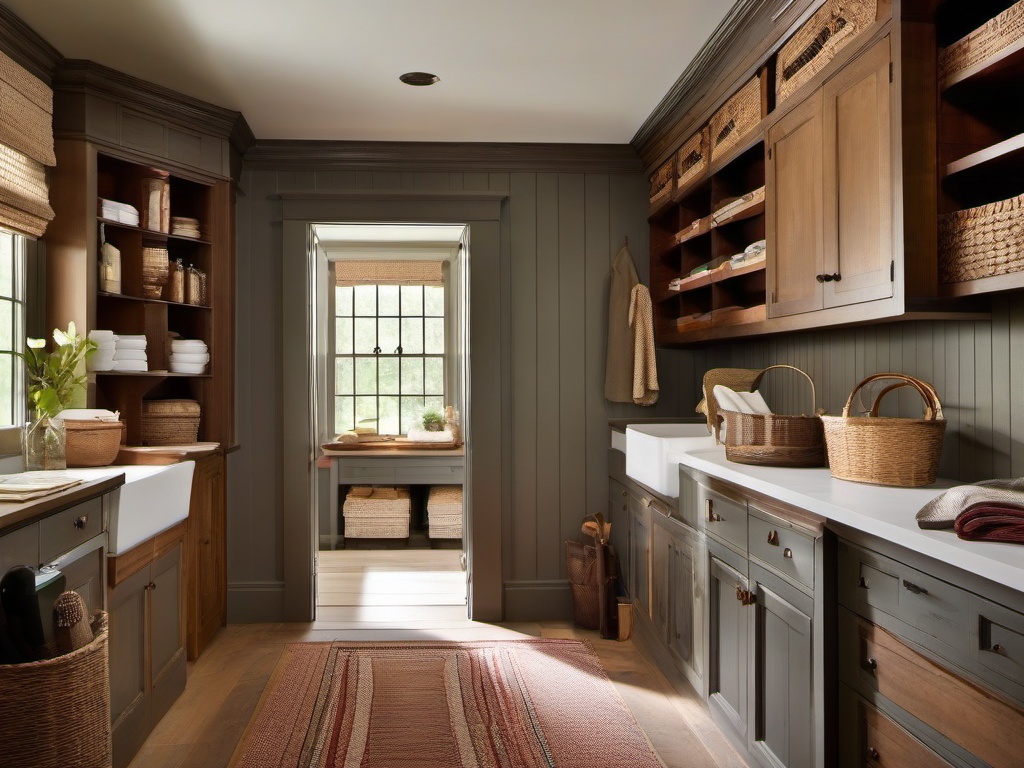 A utility room designed with American Colonial interior design includes rustic cabinetry, practical storage solutions, and charming decor that makes chores feel more manageable and stylish.  