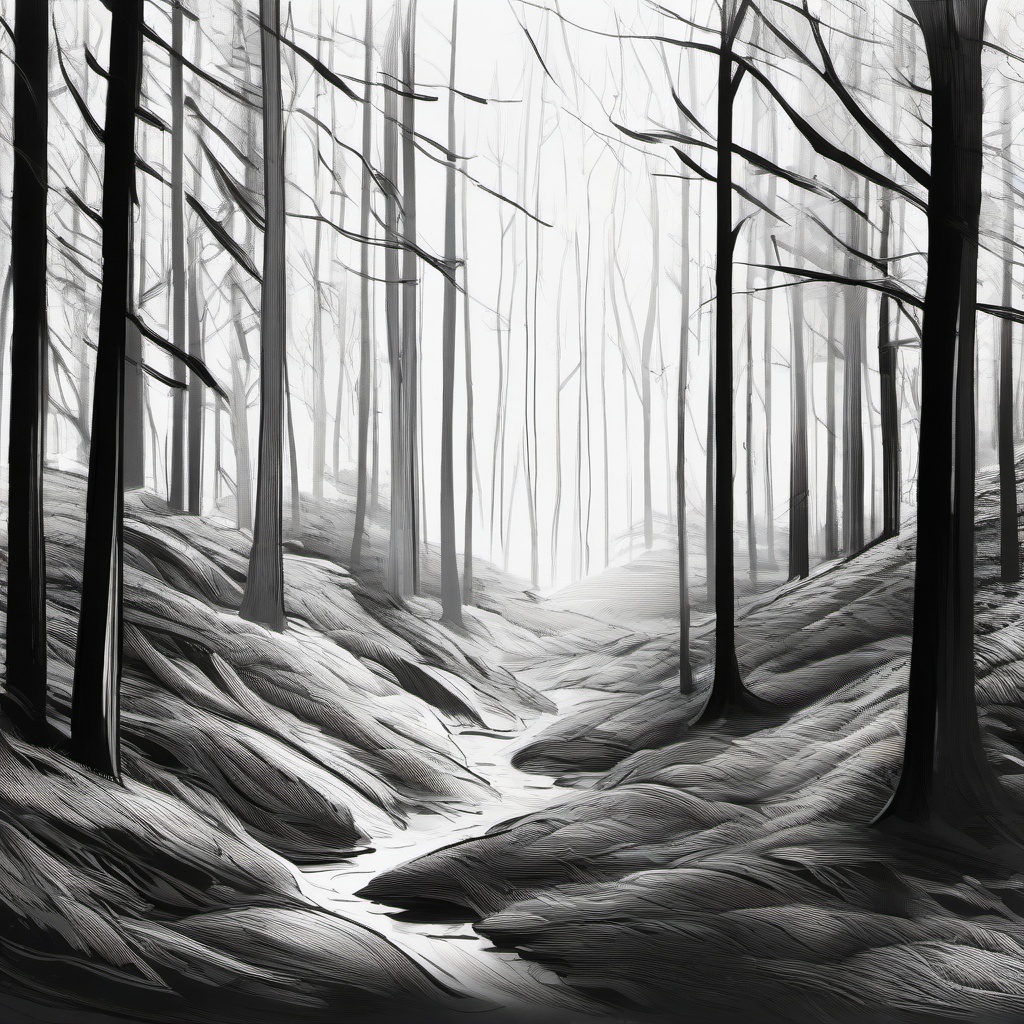 drawing of the woods  minimal rough scribbles,doodles,black and white